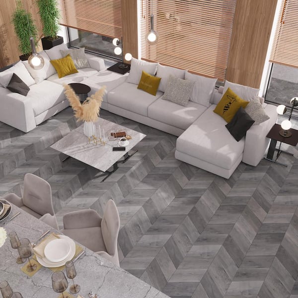 Chevron Charcoal Oak 22 MIL 18 in. W 52 in. L Interlocking Waterproof Luxury Vinyl Plank Flooring (26.5 sq. ft./case)