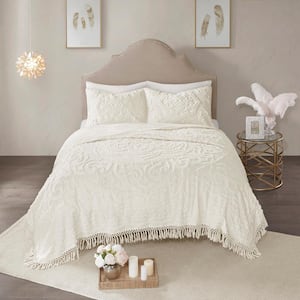 Virginia 3-Piece Off-White Cotton Tufted Chenille Medallion Fringe Full/Queen Coverlet Set