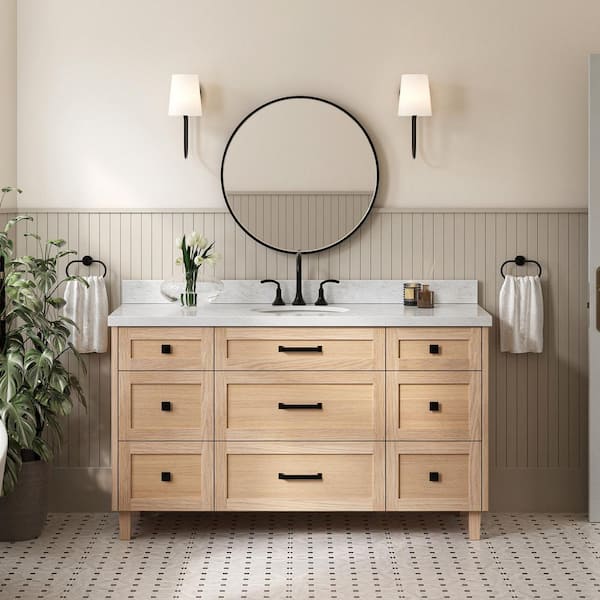 ARIEL Monroe 60 in. Single Sink Freestanding Bathroom Vanity in Oak with Carrara White Marble Top