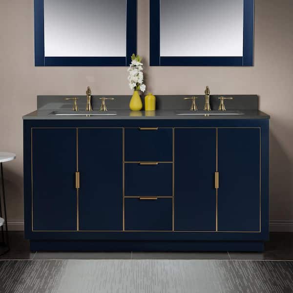 WOODBRIDGE Venice 61 in. W x 22 in. D x 38 in. H Bath Vanity in Navy Blue with Engineered stone Top in Dark Grey with White Basin