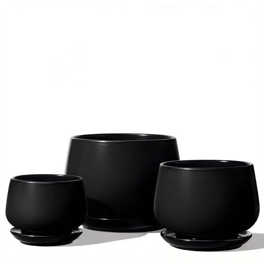 3-Pack Ceramic Plant Pots, Indoor Planters with Drainage Hole Saucer and Mesh Pad, Reactive Glaze Black price history on PriceWatchPro