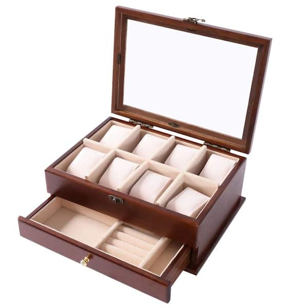 Wooden Distressed Rustic Watch Box NEW with popular glass viewing lid for 6 watches