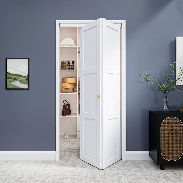 36 in. x 80 in. 3-Lite Panel Solid Core MDF White Finished Composite Closet Bi-Fold Door with Hardware