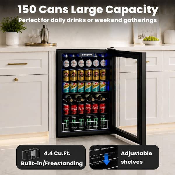 17.72 in. Single Zone 150-Cans Built-in/Freestanding Beverage Cooler Fridge with Shelves in Matte Black, See-Thru Door