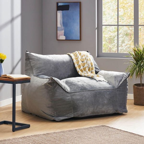Gray Velvet Bean Bag, Accent Chair, Single Sofa with Removable Cover & Safety Zipper, Armrest Design
