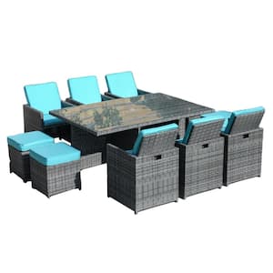 Baseball Grey 11-Piece Wicker Rectangle Outdoor Dining Set with Light Blue Cushions