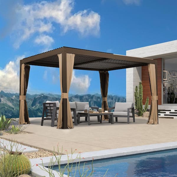 PURPLE LEAF 10 ft. x 13 ft. Bronze Aluminum Louvered Pergola Hardtop Gazebo with Adjustable Sun Shade Flat Roof and Netting Curtains