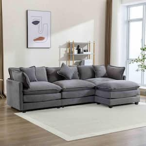 112.2 in. Square Arm Chenille L-Shaped Sofa with Ottoman in Gray