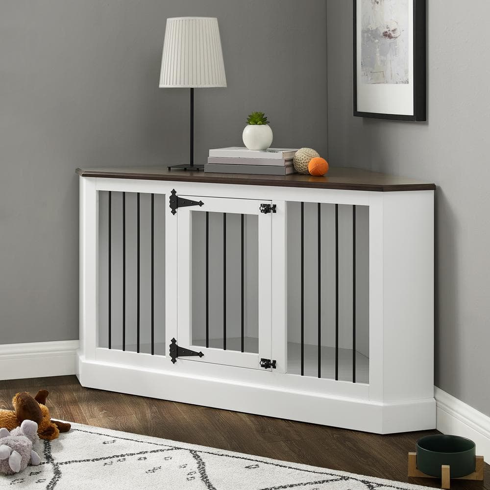 Small White Wood and Steel Corner Dog Crate Credenza