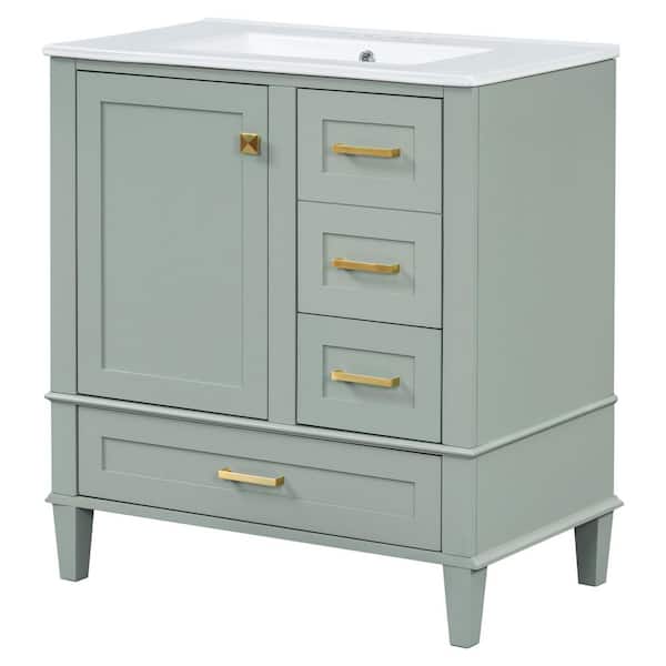 30 in. W x 18.3 in. D x 34 in. H Single Sink Solid Wood Frame Bath Vanity in Green with White Ceramic Top