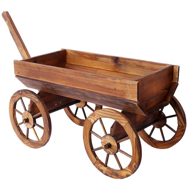 Wood Wagon Flower Planter Pot Stand with Wheels Home Garden Outdoor Decor, Brown