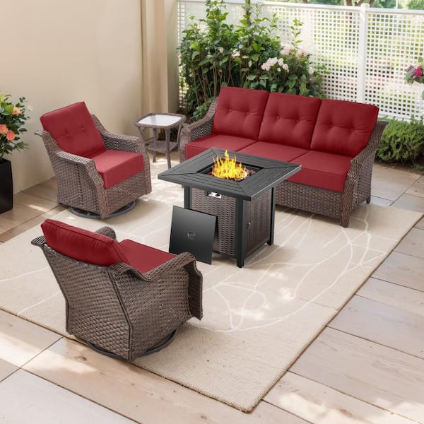 Henn Brown 5-Piece Wicker Patio Conversation Set with Swivel Rocking Chairs, Outdoor Sofa Seating Set with Red Cushions