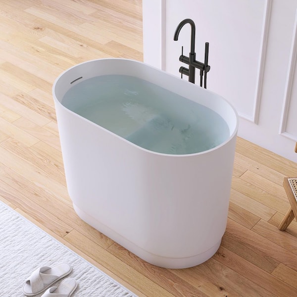 39 in. x 23 in. Stone Resin Solid Surface Flatbottom Freestanding Japanese Soaking Bathtub in White with Seat