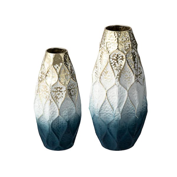 Glitzhome 19 in. H / 15.25 in. H Round Abstract Ombre  Blue and Gold Metal Vases (Set of 2）
