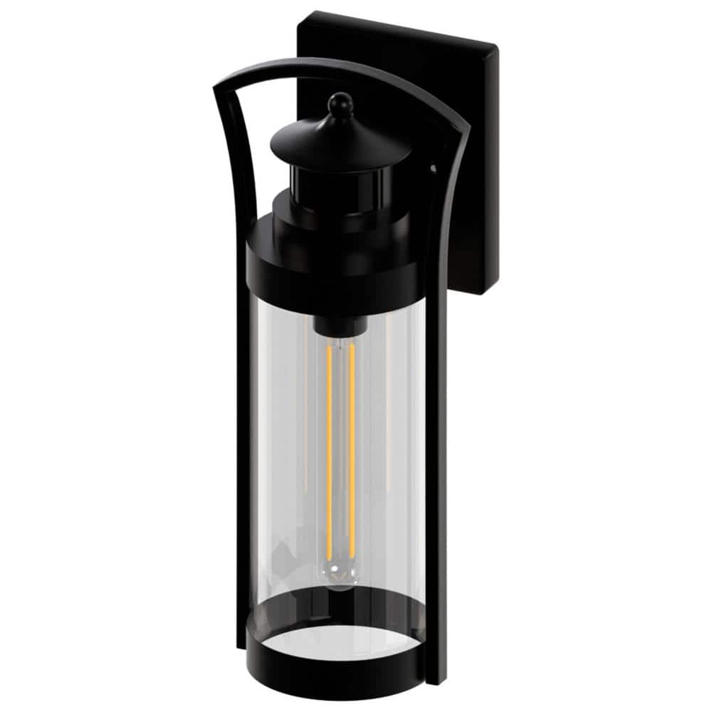 Medium Black Steel Cylinder Outdoor Wall Sconce with Clear Glass Shade