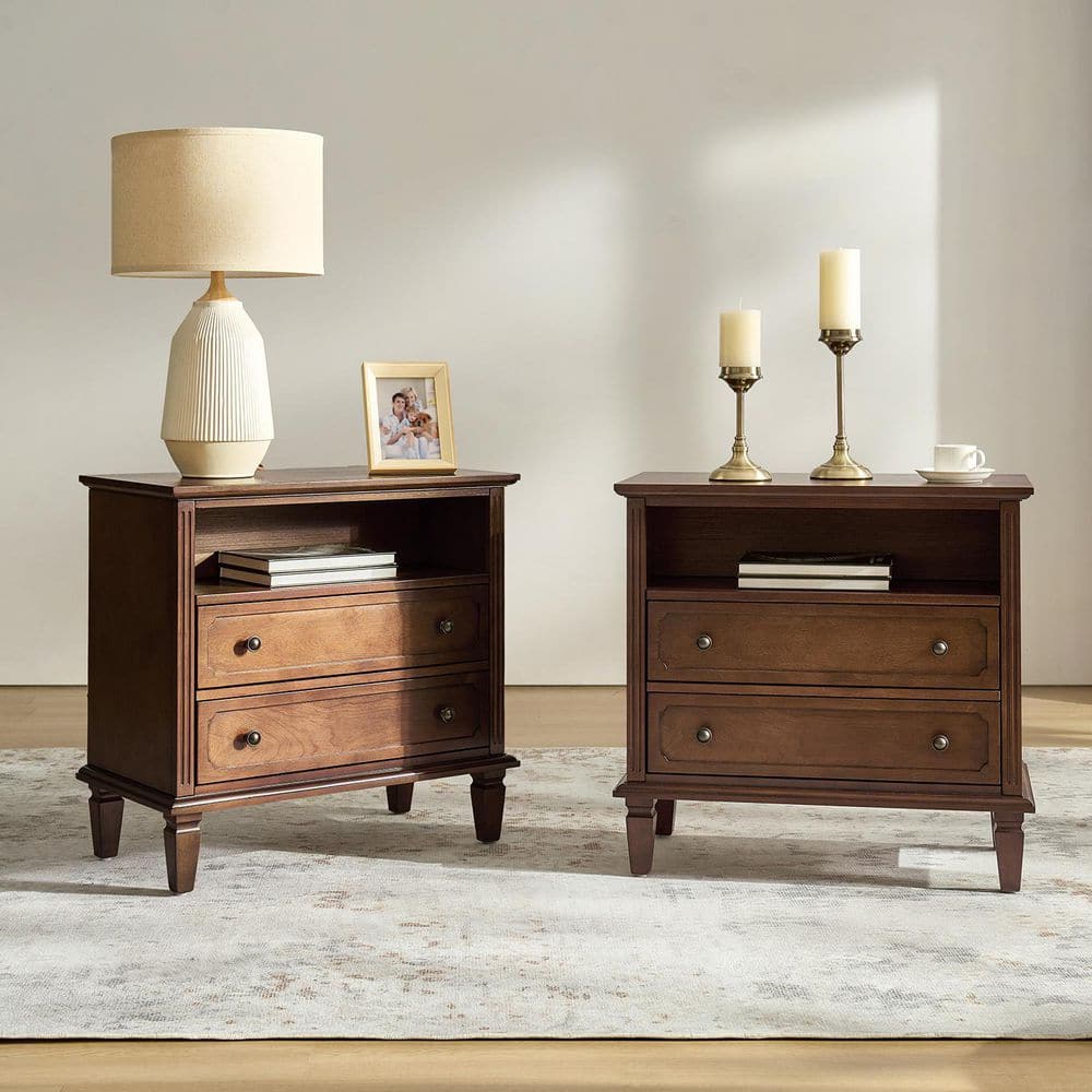 JAYDEN CREATION Juiien Mid-Century Solid Wood 2 - Drawer Storage Nightstand with USB Port Set of 2-Walnut NSE0539-WAL-S2 - The Home Depot