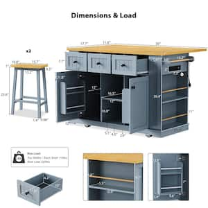 Oasis Blue Wood 53 in. Kitchen Island with 2 Bar Stools, Power Outlet, Door Internal Storage Rack, Kitchen Storage Cart