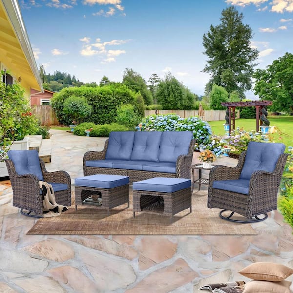 Brown 6-Piece Wicker Patio Conversation Set Sofa Seating Swivel Chairs with Ottomans Side Table and Denim Blue Cushions
