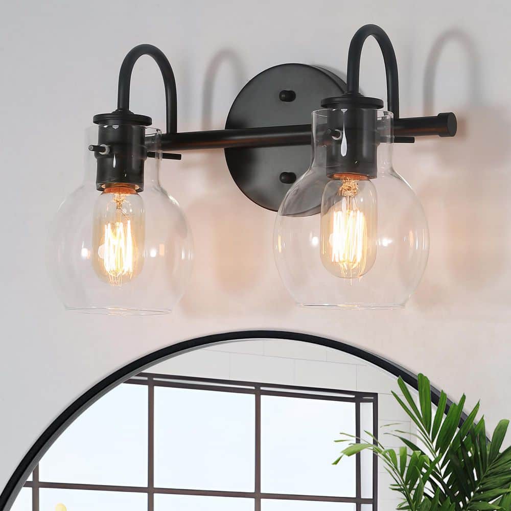 13" Black Metal Vanity Light with Clear Glass Globe Shades