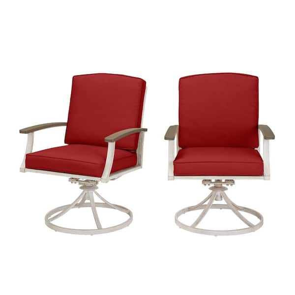 Hampton Bay Marina Point White Steel Outdoor Patio Swivel Dining Chair with CushionGuard Chili Red Cushions (2-Pack)
