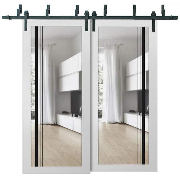 84 in. x 96 in. 2 Panel Clear Glass White Solid Wood Sliding Barn Door with Hardware Kit