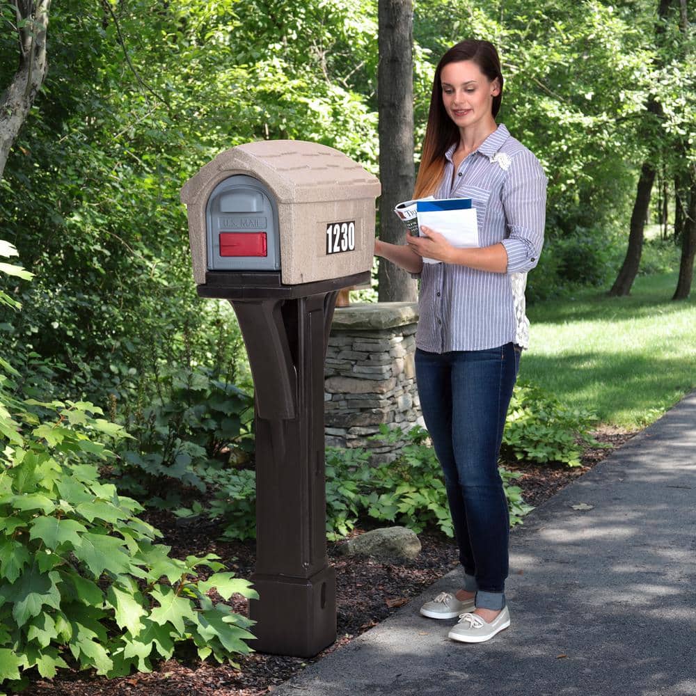 Classic Brown Plastic Post Mount Mailbox with Dual Access