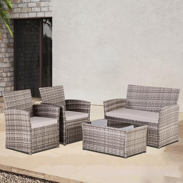 Unbranded 4-Piece Wicker Outdoor Patio Sectional Conversation Sofa Set Loveseat Set with Gray Cushions for Balcony Porch Backyard