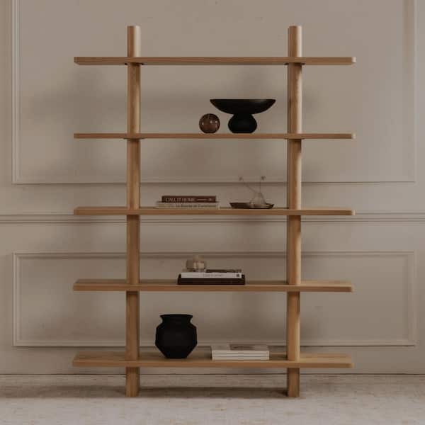 Thalor 70 in. Tall Rustic Oak Veneer Wood and Solid Oak 5-Shelf Bookcase with Bullnose Edges