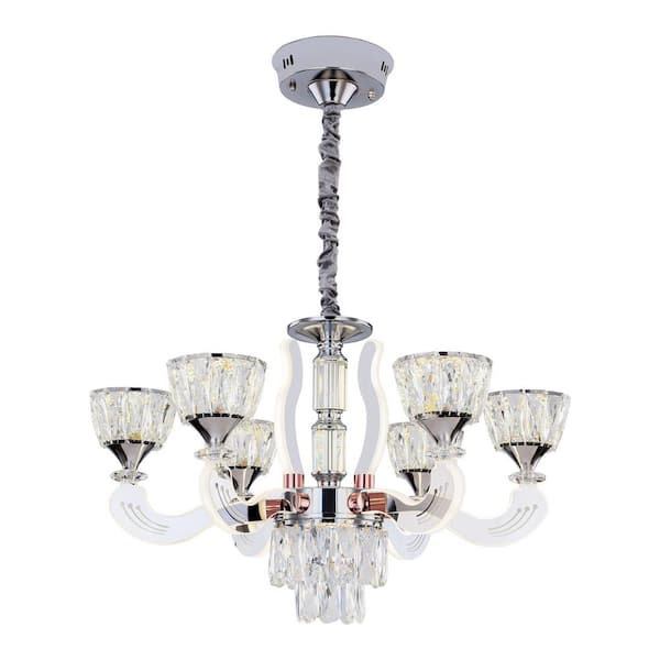 OUKANING 26.77 in. 6-Light Silver Modern Crystal Integrated LED Chandelier for Dining Room adn Living Room