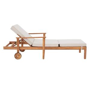 Willow Glen Farmhouse Wood Outdoor Patio Chaise Lounge with Wheels and Beige Cushions