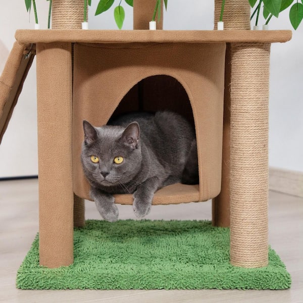 76 in. H Cat Tree Tower Condo with Scratching Posts and Green Leaves