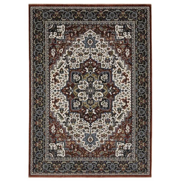 5' X 8' Red Black And White Medallion Area Rug With Fringe