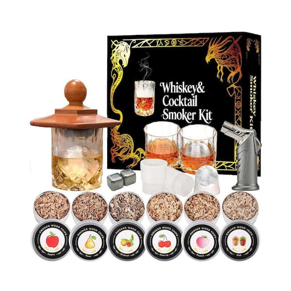 Whiskey Smoker Kit with Torch - 6 Flavors Wood Chips, 2 Ice Molds，2 Stainless Steel Cubes (NO Butane)