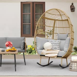 Yellow Wicker Outdoor Rocking Egg Chair with Grey Cushion