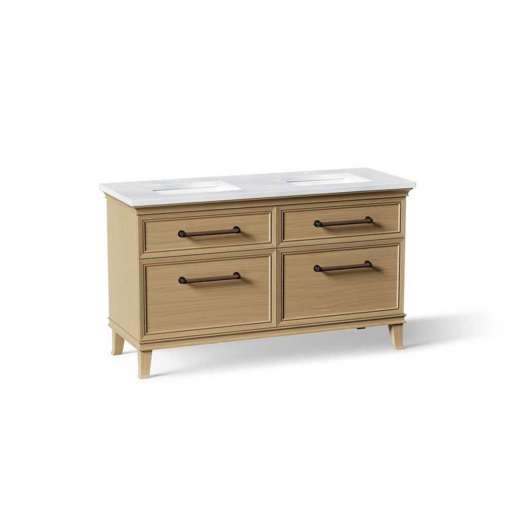 Artifacts 60 in. 2 Basin Freestanding Light Oak Bath Vanity with White Eternal Statuario Quartz Top and Black Hardware price history on PriceWatchPro