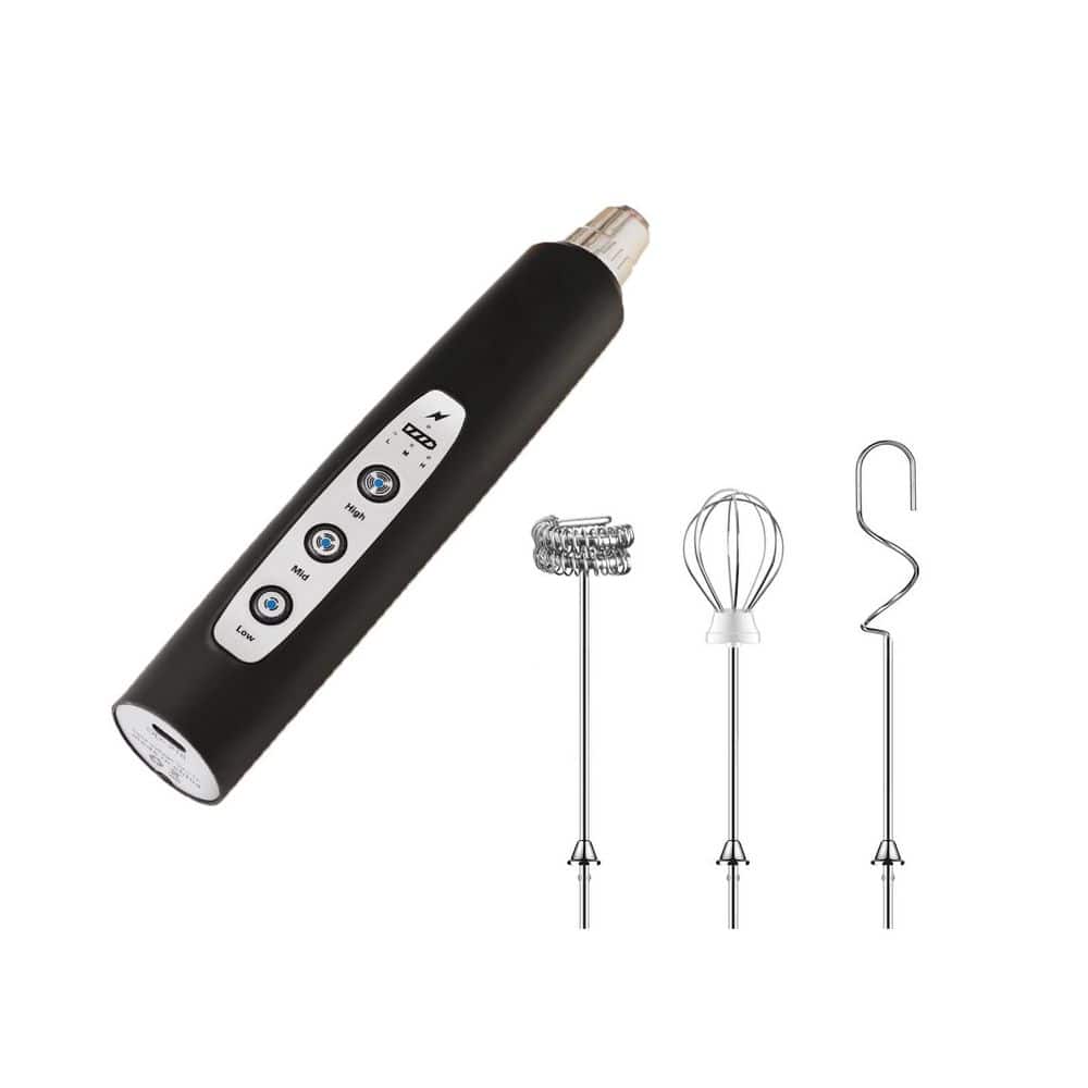 Rechargeable Black 3-Speed Milk Frother wih 3-Whisk Heads