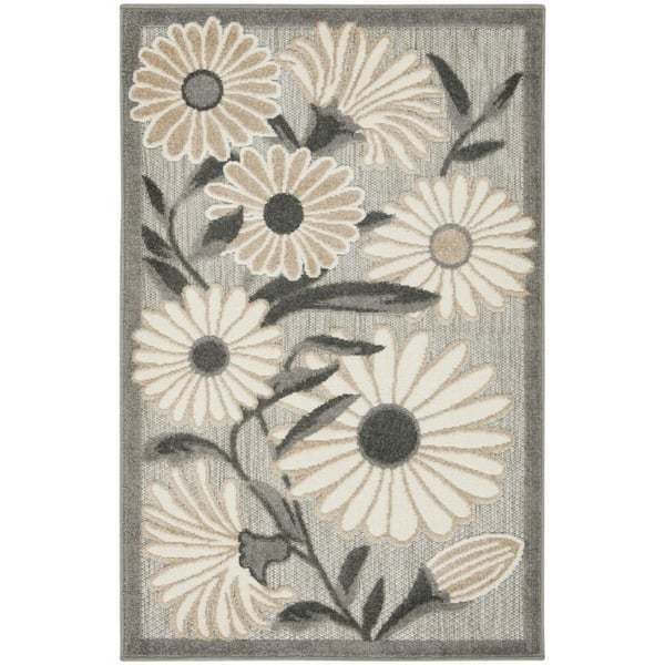 Beige 3 ft. x 4 ft. Loomed Floral Polypropylene Rectangle Indoor/Outdoor Area Rug