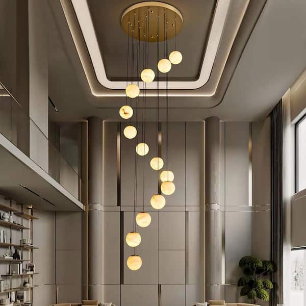Gleam Flare Modern 138 in. H 14-Light Gold Globe Staircase Chandelier, Natural Alabaster Chandelier for High Ceiling, Foyer, Entry