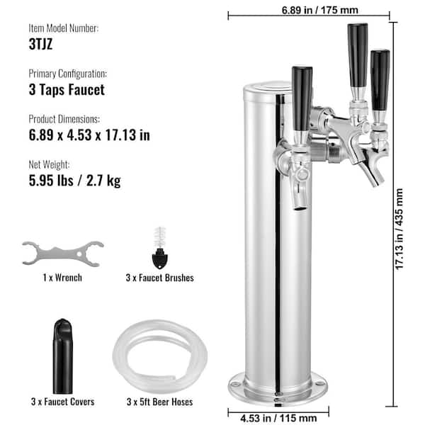 Silver Triple Tap Draft Beer Tower Dispenser, Stainless Steel Keg Tower Kit Pre-Assembled Tubing, Self-Closing Faucet