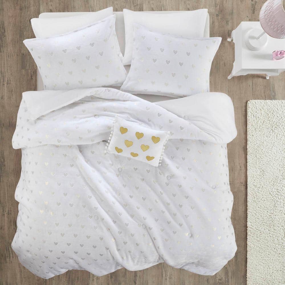 White and Gold Twin Microfiber Plush Comforter Set with Heart Print
