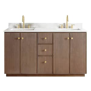 Oza 60 in.W x 22 in.D x 33.9 in.H Double Sink Bath Vanity in Dark Brown with White Quartz Stone Top