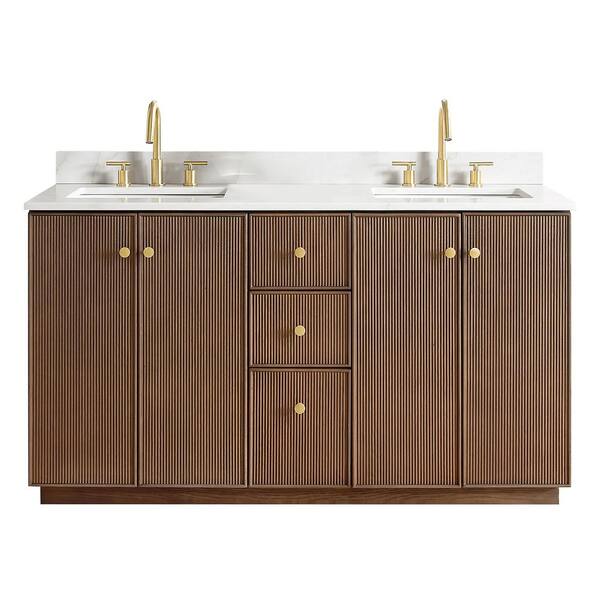 Oza 60 in.W x 22 in.D x 33.9 in.H Double Sink Bath Vanity in Dark Brown with White Quartz Stone Top