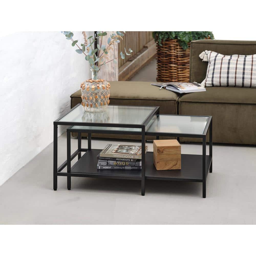 Black Metal and Fluted Glass Rectangular Nesting Coffee Table Set