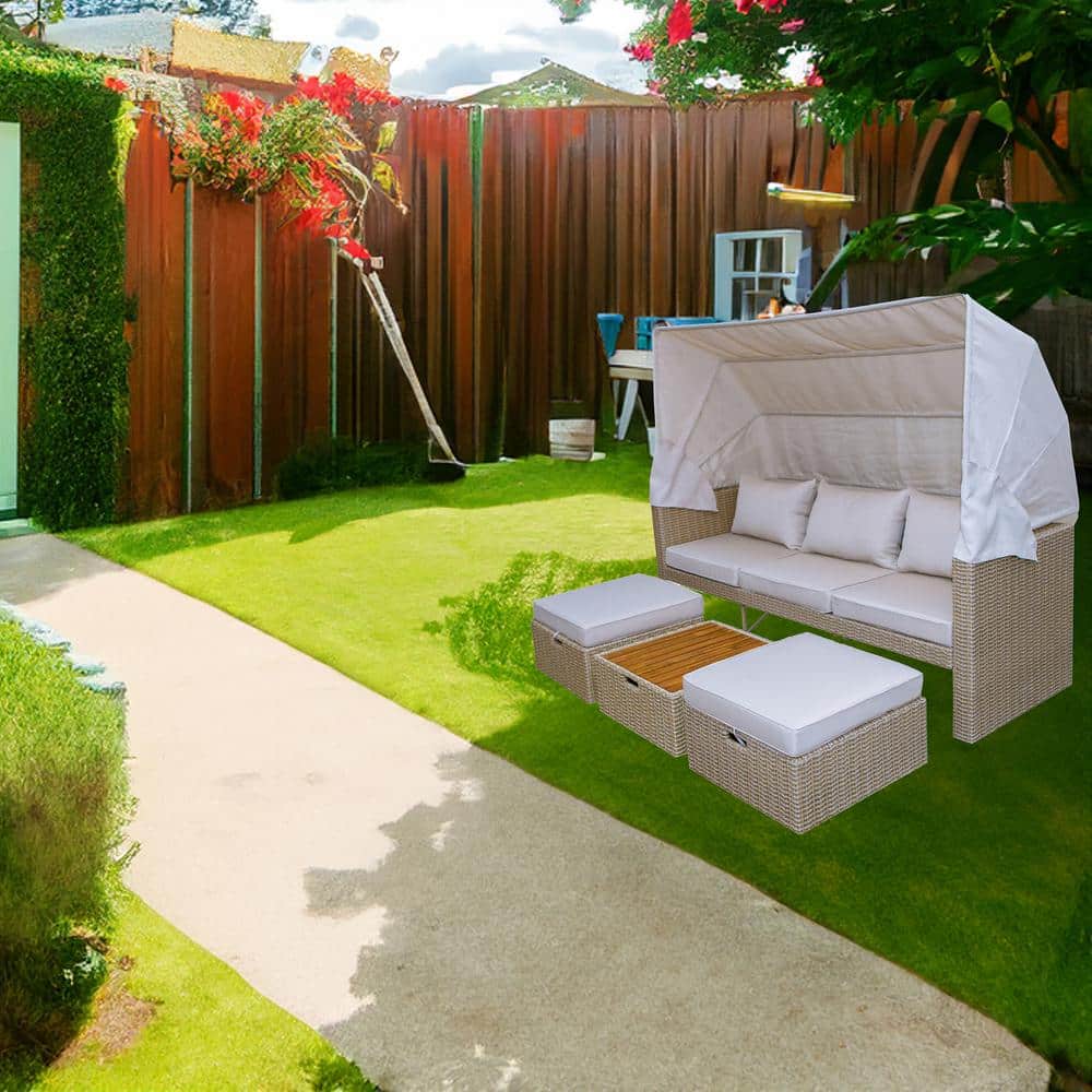 4-Piece Wicker Patio Sofa Conversation and Ottoman Set with Beige Cushions
