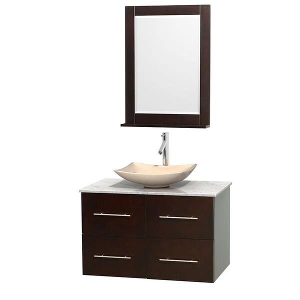 Wyndham Collection Centra 36 in. Vanity in Espresso with Marble Vanity Top in Carrara White, Ivory Marble Sink and 24 in. Mirror