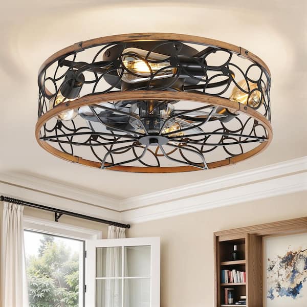 HINNIXY 18 in. indoor Walnut Flush Mount 6-Speed Caged Ceiling Fan