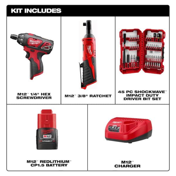 M12 12V Lithium-Ion Cordless 3/8 in. Ratchet and Screwdriver Combo Kit (2-Tool) with Battery, Bit Set, Charger, Tool Bag