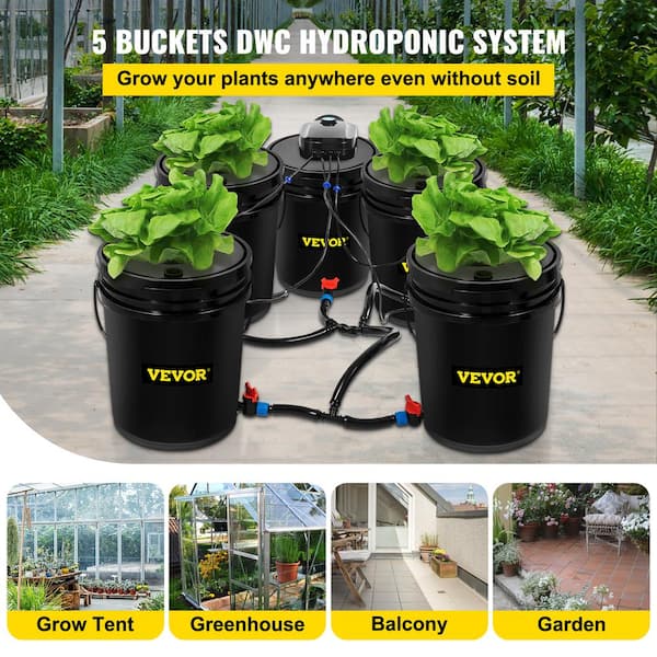 Active Aqua Rs5galsys Root Spa 5 Gallon Hydroponic Bucket Deep Water Culture Grow Kit System with Multi-Purpose Air Hose and Air Pump, Black