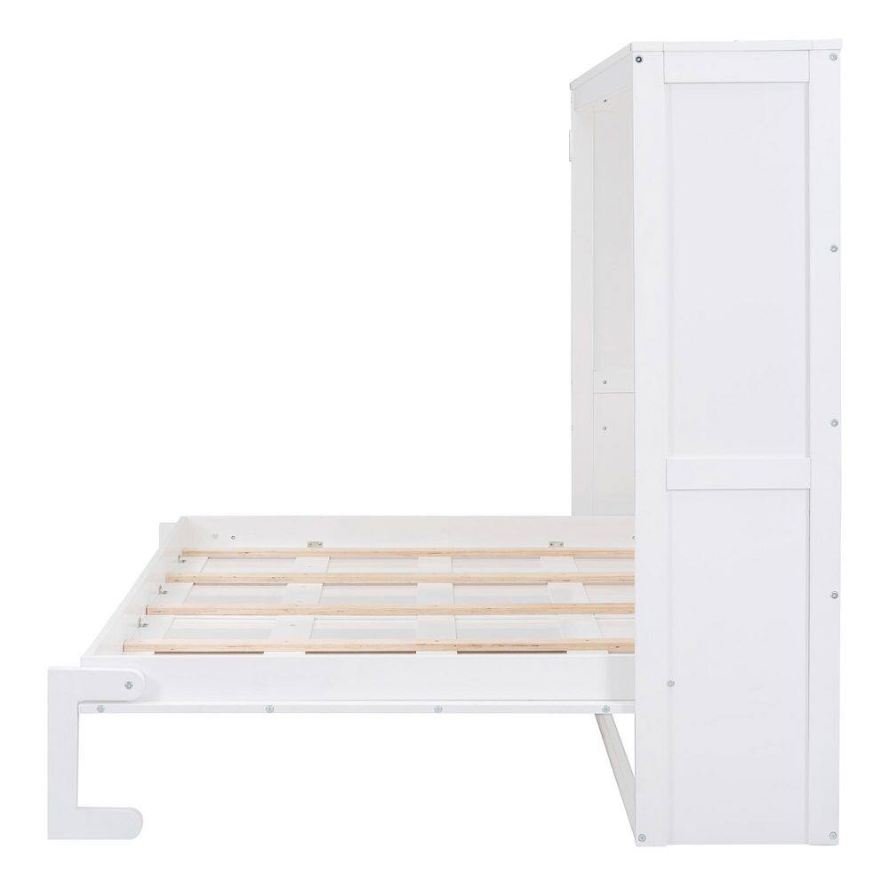 White Wood Frame Queen Size Murphy Bed, Wall Bed Folded into a Cabinet - thumbnail 6