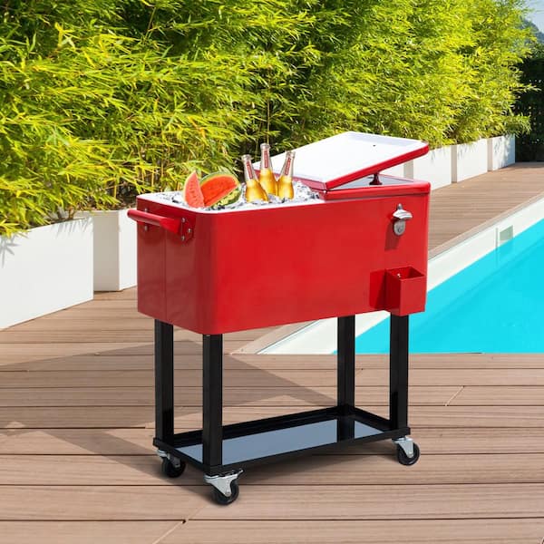 80 Quart Rolling Cooler Cart With Wheels - Insulated Drink Tub, Bottle Opener, Drain Plug, Locking Casters For Parties, Backyard, Deck (Pink)